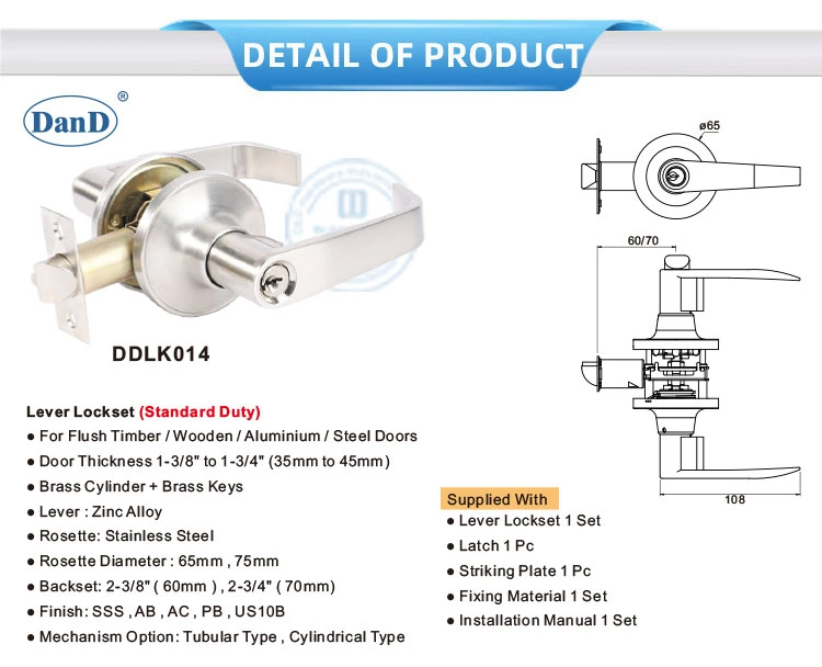 Satin Nickel Exterior Metal Door Hardware Zinc Alloy Stainless Steel Security Double Cylinder Keys Tubular Square Cylindrical Lever Handle Lock Set Lockset